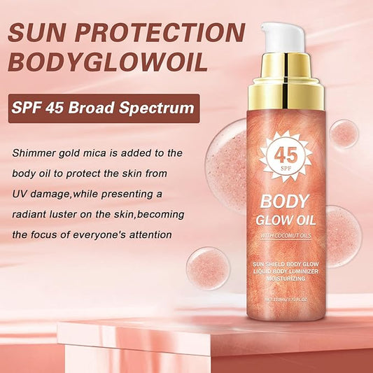 Body Glow Oil,SPF 45 Broad Spectrum,Body Oil Shimmer Sunscreen with Rose Gold Mica,Lightweight Non-Sticky,Moisturizing Coconut,Absorbs Quickly,3.72 fl oz,ROSE