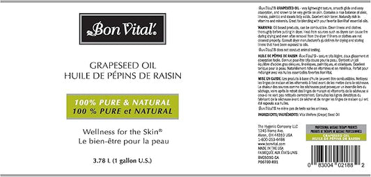 Bon Vital' Grapeseed Oil, 100% Pure Skin Toner and Massage Oil, For Hair Care, Aromatherapy, and Massage, Helps Reduce Wrinkles and Prevents Premature Aging, Skin Moisturizer, 1 Gal, Label may Vary
