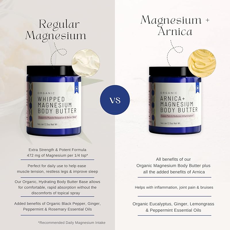Organic Magnesium Whipped Body Butter, 4 oz Jar, Extra Strength Magnesium Chloride from Ancient Zechstein Seabed, Supports Muscle Relaxation & Better Sleep