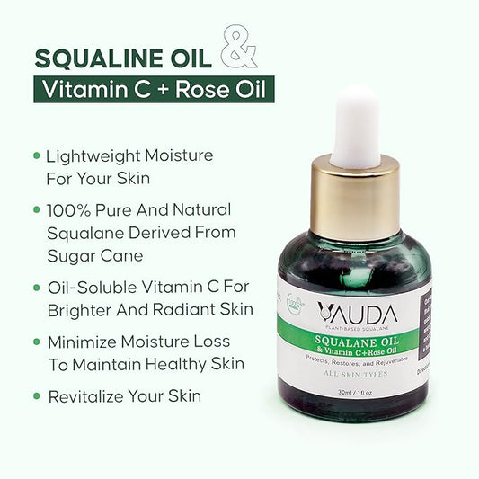 VAUDA 100% Squalane Oil for Face with Vitamin C and Rose Oil – 30 ML Anti-Aging and Hydrating Face Oils for Women, Brightens Skin & Reduces Dark Spots – Plant-Based Natural Squalane Moisturizer Oil