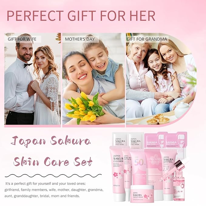 Japan Sakura Skin Care Set Women Gifts 11 Pcs - Skin Care for Teens 10-12 - Skincare for Girls 10-12 - Japanese Skin Care Routine Kit for Women with Sunscreen, Underarm Cream, Peeling Gel