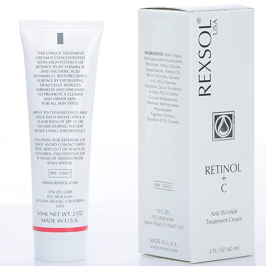 REXSOL Retinol + Vitamin C Anti-Aging Cream | Effective Night Face Care & Dark Spot Remover | Anti-Aging Neck Cream & Wrinkle Cream That Truly Works | Infused with Vitamin E, A - 2 OZ