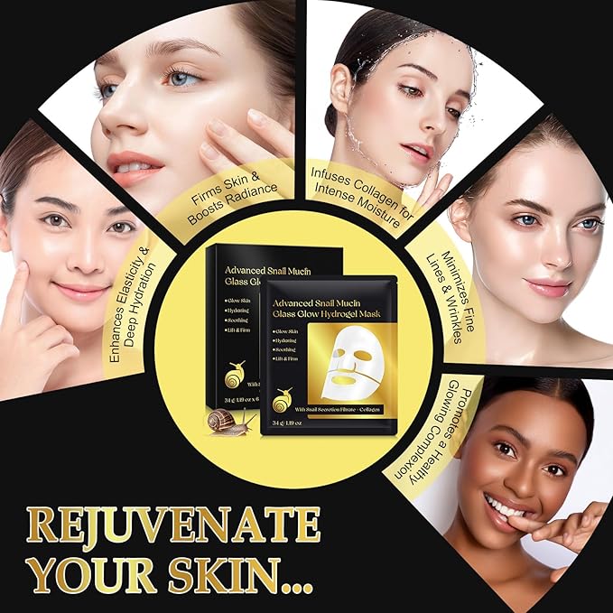 Snail Mucin, Collagen Face Mask, Glass Glow Hydrogel Mask, Strengthen The Skin Barrier, Delay Aging, Easy To Absorb, 6 EA