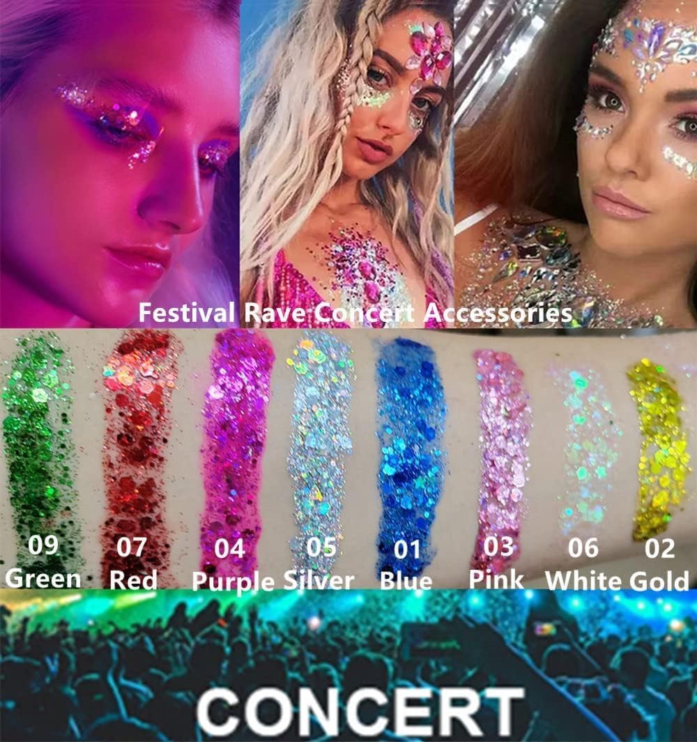 Go Ho 2PCS White Face Body Glitter Gel,Singer Concerts Face Glitter Makeup,Holographic Long Lasting Chunky Sequins Glitters for Eye Lip Hair Nails,Festival Rave Accessories,06 Fairy White Glitter