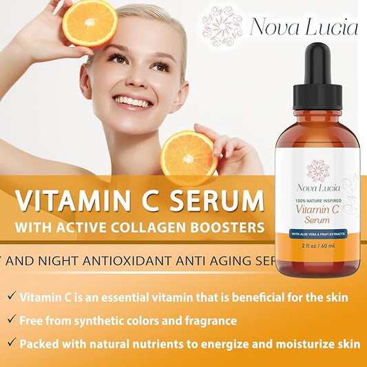 Vitamin C Serum for Face Anti Aging with Aloe Vera & Pro Vitamin Fruit Extracts Anti-Oxidant Anti Wrinkle Boost Collagen Production Day & Night 2oz