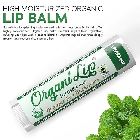 OrganiLip Organic Lip Balm, Spearmint Flavor, Ultra Hydrating Lip Moisturizer for Cracked or Dry Lips, Infused With Organic Sea Buckthorn, Oval Shaped Tube, USDA Certified Organic, 1 Pack