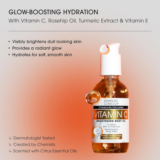 Advanced Clinicals Vitamin C illuminating Body Oil For Women & Men |Vitamin C Oil Skin Care Body Moisturizer With Vitamin E + Botanicals To Help Improve Appearance Of Dark Spots + Dry Skin, 2 Piece