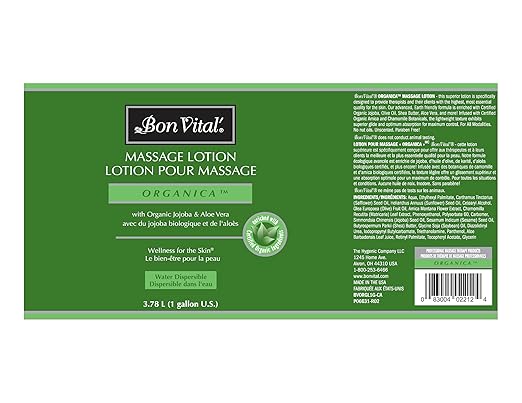 Bon Vital' Organica Massage Lotion with Certified Organic Ingredients for an Earth-Friendly Massage, Natural Moisturizer Lotion for Soothing Back & Neck Massages, 1 Gal, Label may Vary