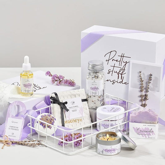 Gifts for Women Spa Gifts Lavender Bath Gift Baskets Relaxing Self Care Gift for Mom Her Sister Wife Auntie Home Bath Kit Care Package Birthday Friendship Gift Ideas