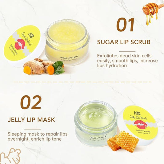 ANAIRUI Lip Therapy Set - Lip Care Kit - Includes Sugar Lip Scrub & Jelly Lip Sleep Mask, Lips Balm & Moisturizer, Dark Lip Care, Moisturizing for Fuller, Softer Lips (Turmeric & Honey)