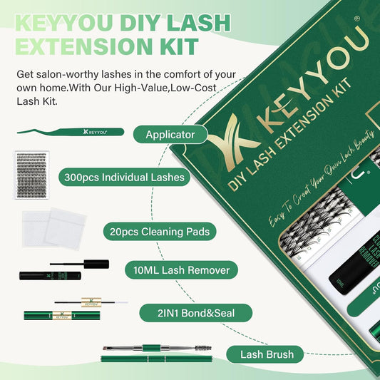 KEYYOU Lash Extension Kit DIY 300Pcs Lash Clusters Eyelash Extension Kit 30D D Curl 9-18MIX Lash Clusters Kit with Lash Glue Remover Applicator Easy to Use for Beginners(Kit,30D-D,9-18MIX)