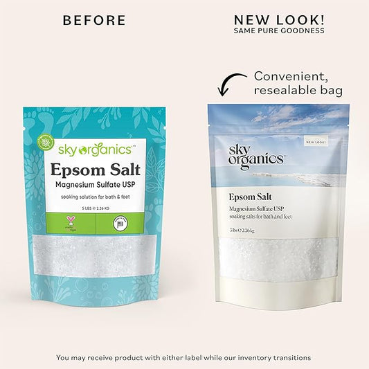 Sky Organics - Epsom Salt Bath Soak, 5 lbs - Magnesium Sulfate USP - 100% Pure, Medium Grain - Unscented - Soaking Bath Salts - Resealable Bag - Natural, Vegan & Cruelty Free - Self Care - Bath & Feet