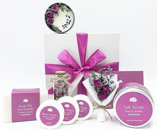 Rose & Jasmine Spa Gift Baskets for Women – Luxury Birthday Bath Gifts for Mom, Wife, Sister, Friend - Self-Care and Relaxation Mother’s Day Gifts - Gift Baskets for Her for All Occasions