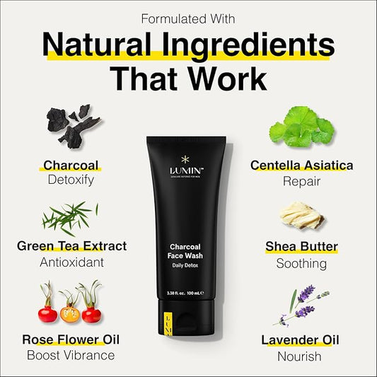 Lumin - Class Act Bundle - Men's Skincare Kit, Includes: Charcoal Face Wash Daily Detox, Charcoal Scrub Deep Detox, Daily Face Moisturizer & Dark Circle Defense Balm, Suitable For All Skin Types
