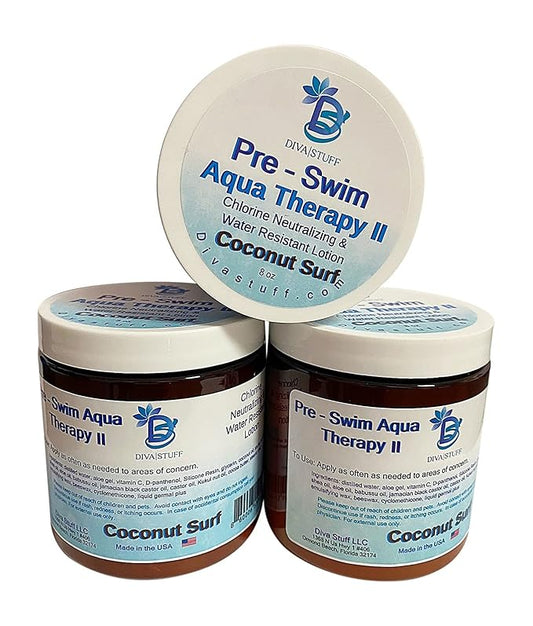 Diva Stuff Pre-Swim, Water Resistant, Aqua Therapy Chlorine Neutralizing Body Lotion, Protects Skin From Chlorine and Salt Water (Coconut 3 pack)