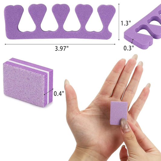 102pcs Toe Separators Set - Premium Pedicure Tool Super Soft Pedicure Toe Separator- Mini Nail Buffer Block File 80/100 Grit 2 Sided, Purple