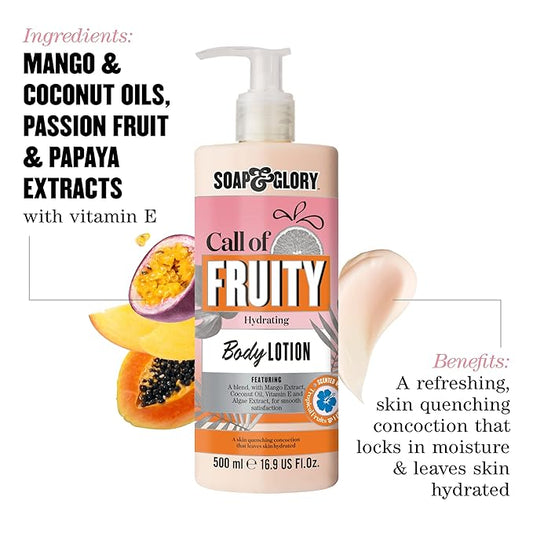 Soap & Glory Call of Fruity Vegan Body Lotion - Moisturizing Body Lotion with Vitamin E, Coconut Oil & Aloe Extracts - Tropical Fruits, Juicy Melon & Hibiscus Cocoa Butter for Dehydrated Skin (500ml)