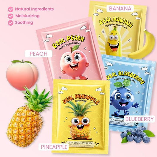 Kaely 8 Pack Fruit Face Masks for Kids, Kids Face Mask Spa Day kit Supplies, Spa Party Favors for Teens Girls Women, Sheet Facial Mask Skincare Gifts Set, Moisturize Soothe for All Skin Types, 01