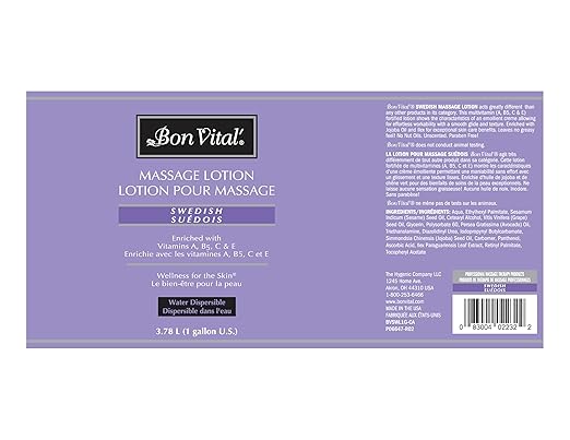 Bon Vital' Swedish Massage Lotion for Skin Tone Improvement, Dry Skin Repair, Increased Circulation, Great for Swedish and Sports Massages, 1 Gal, Label may Vary