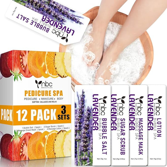 Pedicure Kit Foot Soak Set: Bubble Salt, Sugar Scrub, Massage Mask, Massage Lotion in a Box, 4 Step Foot Spa Kit for Dry Feet, Softens Calluses, Tired Feet(3 Set Lavender)