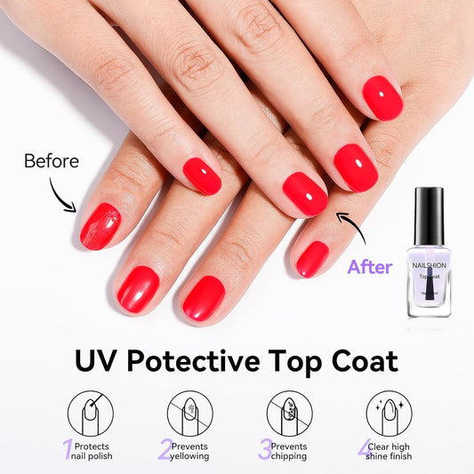 Anti-UV Base Top Coat, 2PCS Calcium & VE Base Strengthening High Shine Top Coat Clear Nail Polish, Chip Resistant Quick Air Dry Protects Color & Nails Prevents Discoloration Manicure Gift