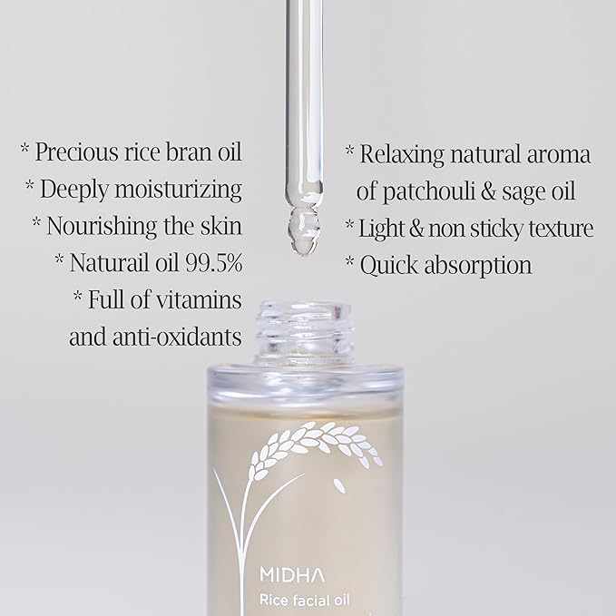 MIDHA Rice Facial Oil 30ml for skin moisturizing, deep, intense and immediate hydration and quick absorption with non greasy light oil like as rice bran oil
