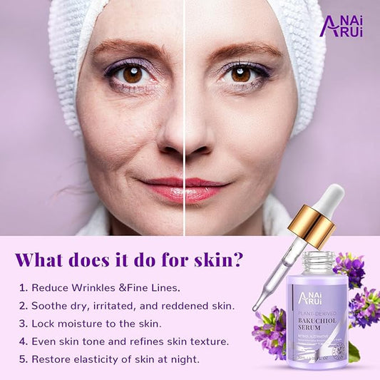 ANAI RUI Bakuchiol Face Serum for Face, Bakuchiol Retinol Alternative Serum,Smoothing Face Serum with Hyaluronic Acid & Peptide Sensitive Skin Serum, Anti Aging & Wrinkle Serum, 1Fl.Oz