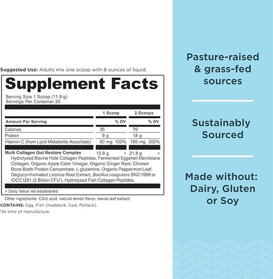 Ancient Nutrition Collagen Powder Protein, Multi Collagen Protein, Hydrolyzed Collagen Peptides Supports Skin and Nails, Joint Supplement (Gut Restore, 20 Servings)