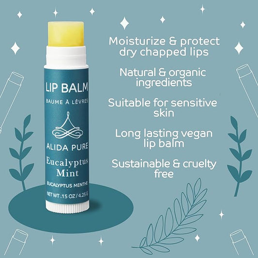 Eucalyptus Mint Lip Balm Collection, Vegan Lip Balm Set, Beeswax Free, with Avocado Oil, Organic Jojoba Oil, and Vitamin E, Natural Moisturizer for Dry, Chapped Lips, 3 Tube Set