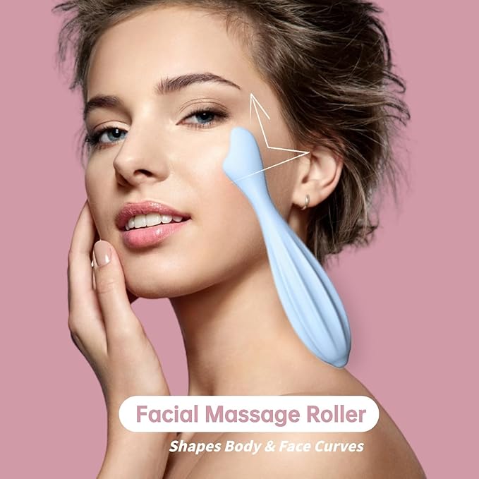 Silicone Facial Massage Roller, Face Massager Skin Lifting Tool Shapes Face Curves, Skin Care Beauty Lifting Contouring Massage Tool Reduces Tiredness Promote Circulation for Women (Blue)