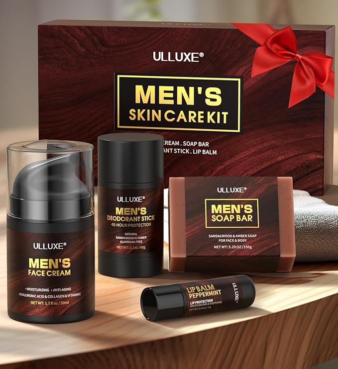 Skin Care Kit for Men, Fathers Day Gifts, Birthday Gift for Husband, Dad, Mens Skincare Set with Face Cream, Lip Balm, Deodorant Stick & Bath Soap, Facial Skincare, Lip Care & Body Care for Him