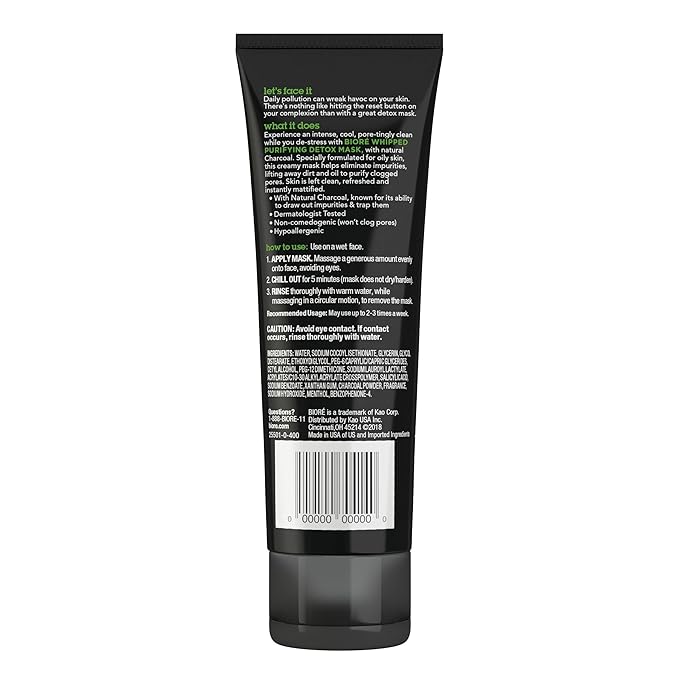 Bioré Charcoal Whipped Purifying Detox Mask, with Natural Charcoal, Deep Pore Cleansing, 4 Ounce, Dermatologist Tested, Non-Comedogenic, Oil Free