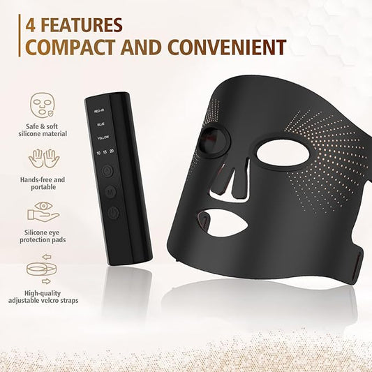 LED Face Mask 3 Colors Light Therapy Facial Photon Beauty Device Skin Care at Home for Facial Rejuvenation, Wrinkles Reduction, Anti-Aging (Black)