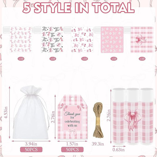 50 Pack Pink Bow Baby Shower Favors Bulk Lip Balm Girls Favors Gifts for Bachelorette Girls Pink Bow Moisturizing Lip Care Pretty lipstick Mother's Day Birthday Party Supplies Decorations(pink bow)