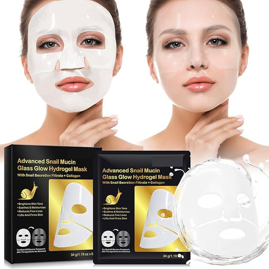 6 Pack Snail Mucin Glass Glow Hydrogel Face Masks Skincare, Snail Mucin Serum Face Mask Deep Hydrating for Women, Glass Skin Collagen Face Mask Korean Skincare for All Skin Types