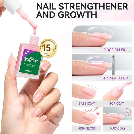 Gelike EC Nail Growth Treatment: Milky Pink 15ml Natural Nail Strengthener for Weak and Damaged Nails - Protein Nail Hardener for Home Salon Outdoor