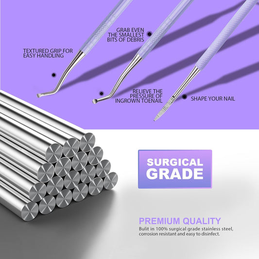 Teenitor Upgraded Ingrown Toenail File and Lifters, Pedicure Tools for Feet, Professional Ingrown Toenail Tool Ingrown Toenail Removal Kit, Purple