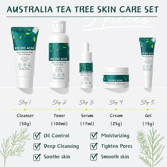 5 Pcs Tea Tree Acne Trea-tment for Face Skin Care Kit - Skin Care for Teens 10-12 - Skincare Gift Set - Acne Kit with Cleanser,Serum,Toner,Gel,Cream - Mother's Day Gifts for Mom