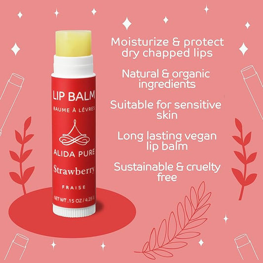 Strawberry Lip Balm Collection, Vegan Lip Balm Set, Beeswax Free, with Avocado Oil, Organic Jojoba Oil, and Vitamin E, Natural Moisturizer for Dry, Chapped Lips, 3 Tube Set