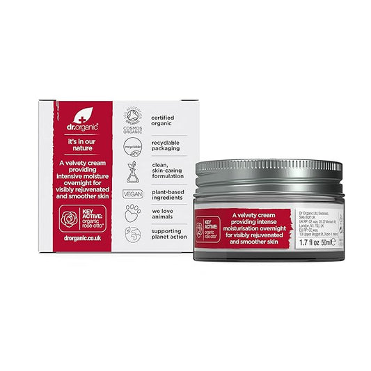 Dr. Organic Rose Otto Night Cream | Rejuvinating for Mature Skin, Aids in Healthy Aging, Promotes Youthful & Toned Skin, Natural, Certified Organic, Vegan, 50 mL / 1.7 fl oz