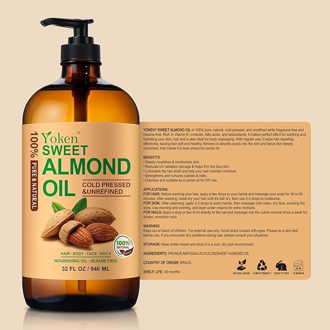 Sweet Almond Oil 32 fl oz 100% Pure Cold Pressed Glass Bottle Sweet almond Oil for Skin, Hair, Almond Oil for Hair Moisturier, Smooth and Soft Skin, Carrier Oil for DIY, Massage