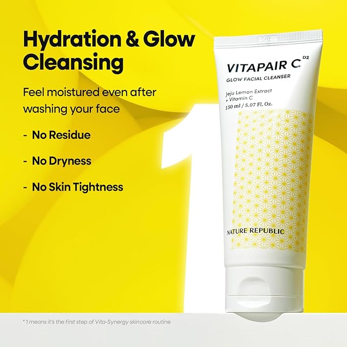 Nature Republic Vitapair C Glow Facial Cleanser - Vitamin Face Wash for Cleaner Skin, Hydrating Facewash for Women, Gentle Natural Cleanser, Daily Makeup Remover, Nighttime Foaming, 150ml / 5.07 fl oz