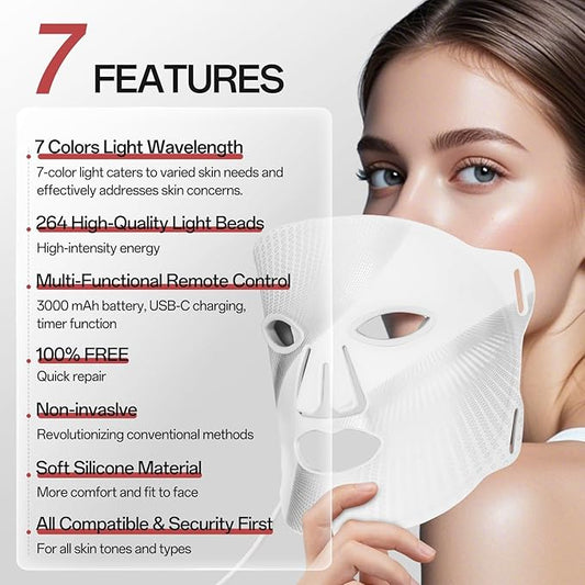 Red Light Mask - 7 Colors Red Light Mask for Face, Facial Skin Care Device with Remote Control, Ergonomic Design and Portable for Home