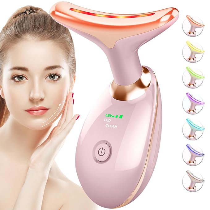 Red-Light-Therapy-for-Face-and-Neck, 7 Color Face Massager Tool for Wrinkles, Double Chin, Vibrating Facial Massager with Thermals for Skin Care, Glossy Pink