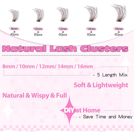 Brown Lash Clusters Eyelash Extensions 280pcs Volume Eyelash Clusters Lash Extensions 8-16MM D-Curly Wispy Individual Lashes