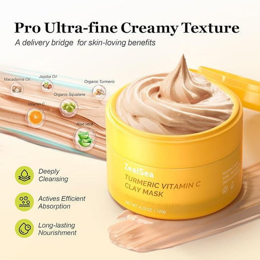 ZealSea Vitamin C American Kaolin Clay Mask with Turmeric, Pro Ultra-Fine Creamy Texture, Deep Pore Cleansing Even Skin Tone Brighten Control Oil Detoxify, 30% Aloe, Jojoba Oil, Shea Butter & Squalane
