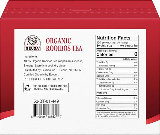 52USA Rooibos Tea Organic, 100 Tea bags, Pure Premuim Rooibos Tea, Naturally Sweet Herbal Tea, Caffeine Free Rooibos Tea, Farmed in South Africa, 9oz (250g)