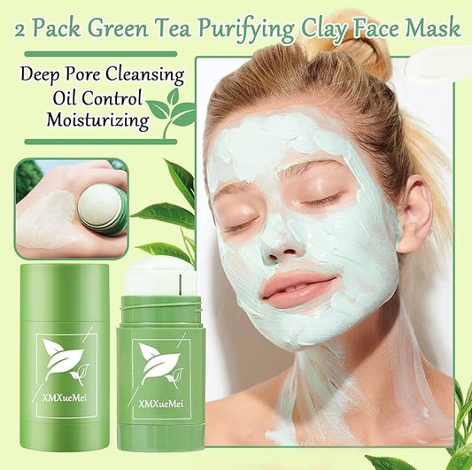 2 Pack Green Tea Purifying Clay Face Mask,Deep Cleansing Pore Green Tea Blackhead Remover Mud Mask Stick for Face & Nose,Oil Control Long Lasting Moisturizing Facial Mask for All Skin Types