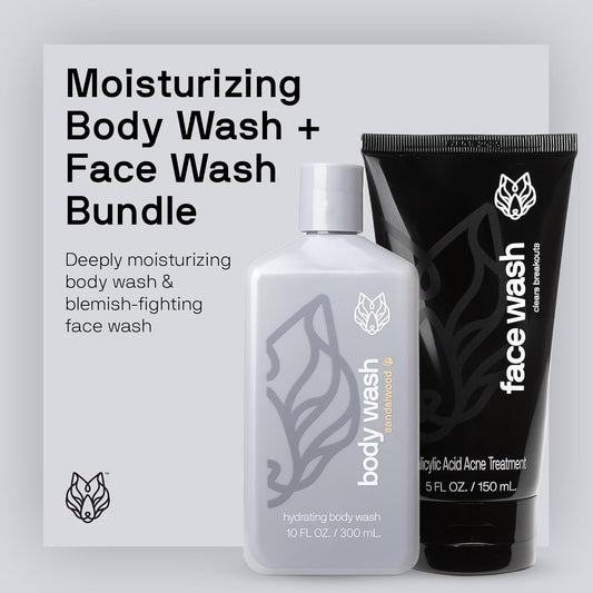Black Wolf Moisturizing Body Wash & Charcoal Face Wash Set for Men - Daily Grooming & Hygiene Essentials for Mens Skin Care