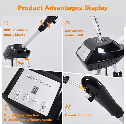 Professional Facial Steamer on Wheels, Ozone Facial Steamer with Time Setting, Stand Face Steamer Adjustable Height for Spa, Salon and at Home Use